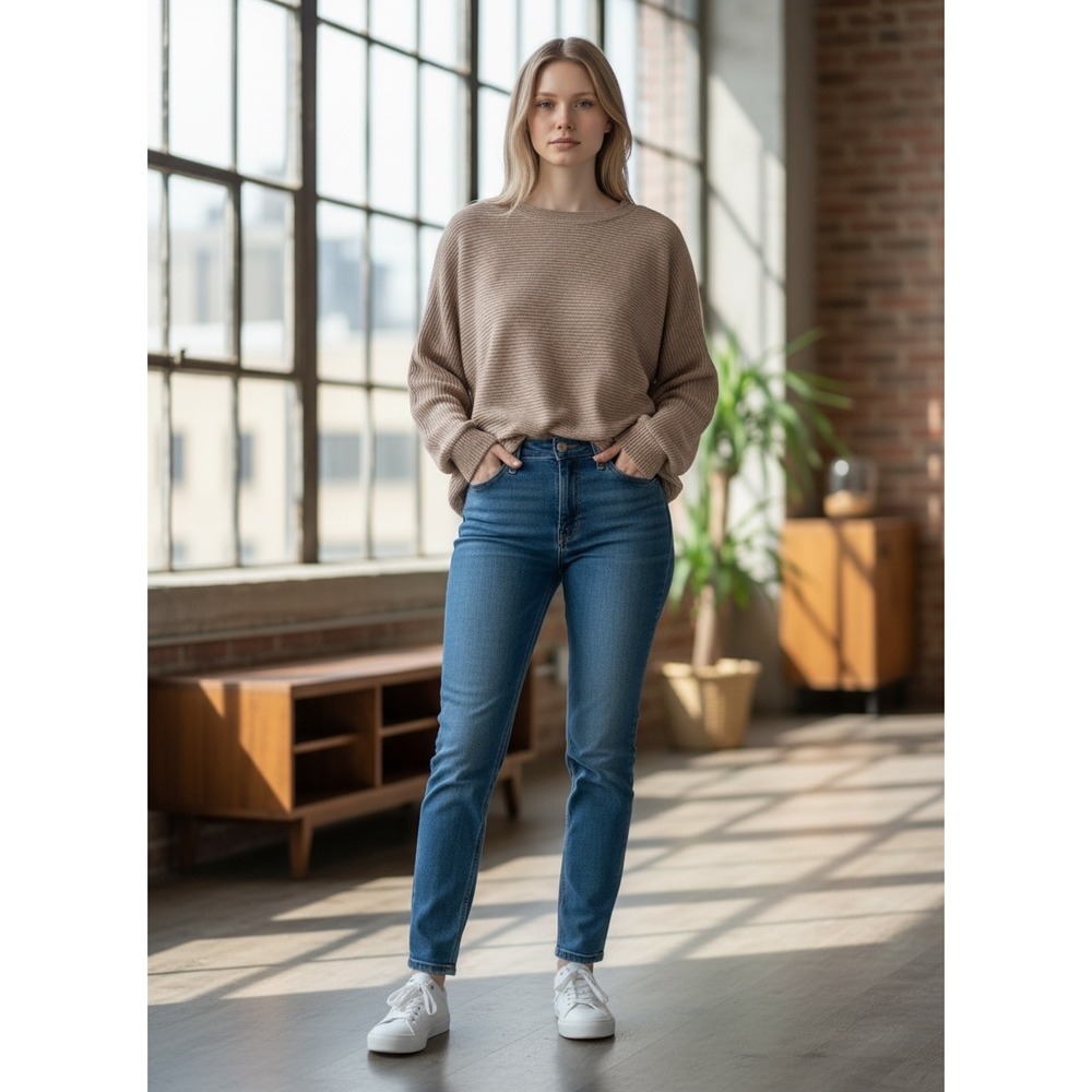 Automet Womens Tan Wavy Ribbed Knit Oversized Long Sleeve Crew Neck Top Chic Lux